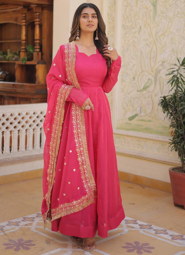 Russian Silk Pink Festival Wear Sequinned Gown With Dupatta